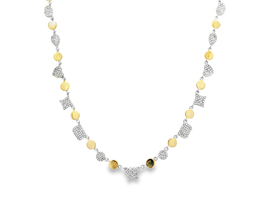 DIAMOND DISC ALTERNATING BUTTERFLY, HEART, OVAL, PEAR, CUSHION, GOLD NECKLACE, 18"/16"