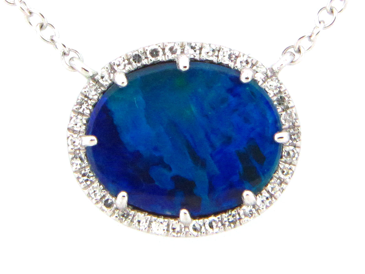 BLACK OPAL DOUBLET & DIAMOND OVAL PENDANT NECKLACE