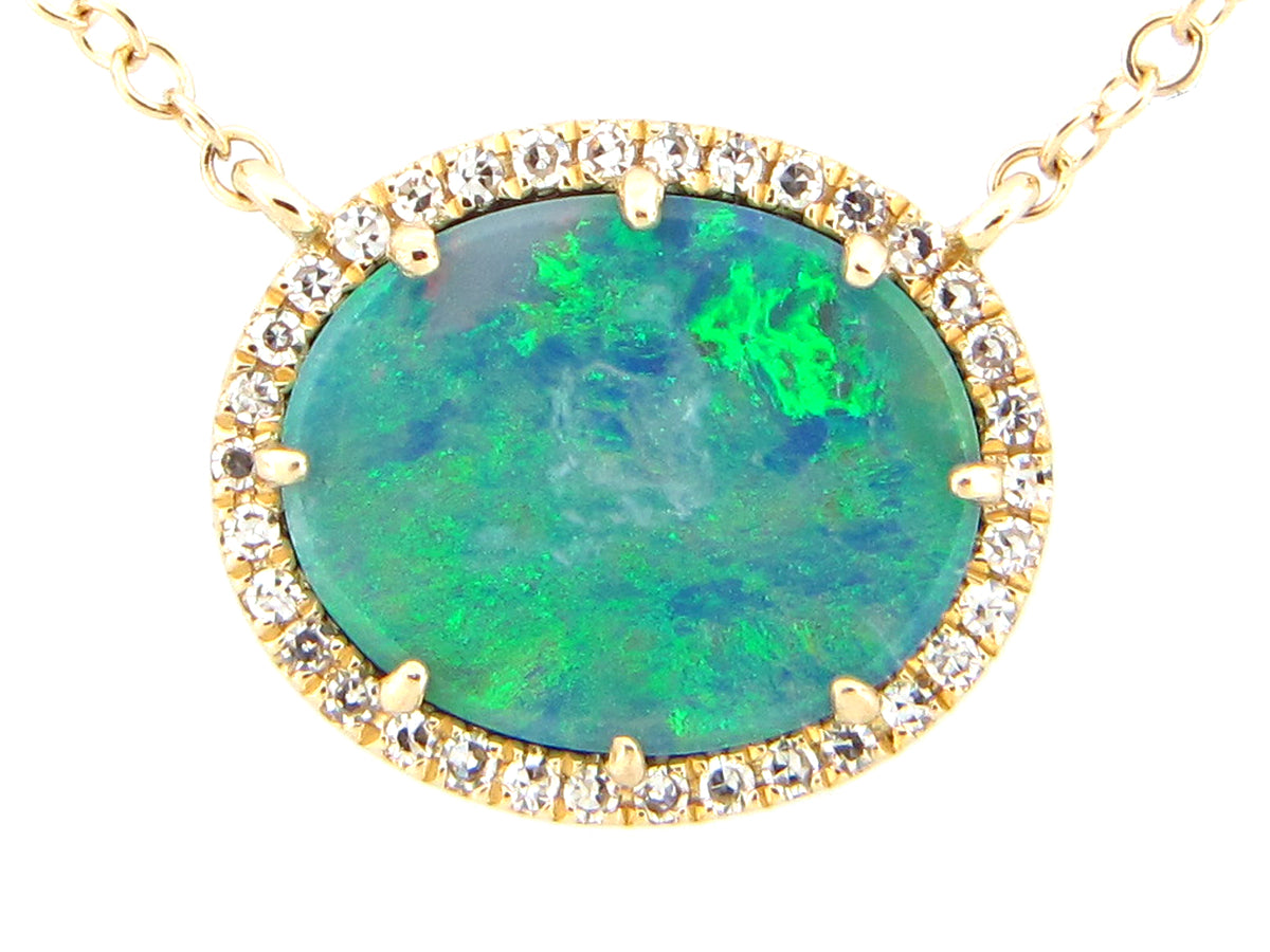 BLACK OPAL DOUBLET & DIAMOND OVAL PENDANT NECKLACE