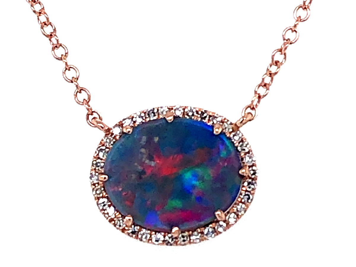 BLACK OPAL DOUBLET & DIAMOND OVAL PENDANT NECKLACE