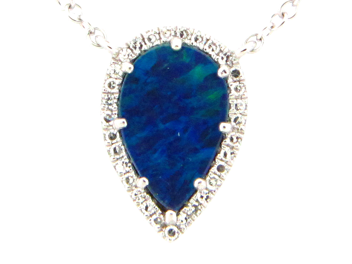 BLACK OPAL DOUBLET & DIAMOND PEAR PENDANT NECKLACE