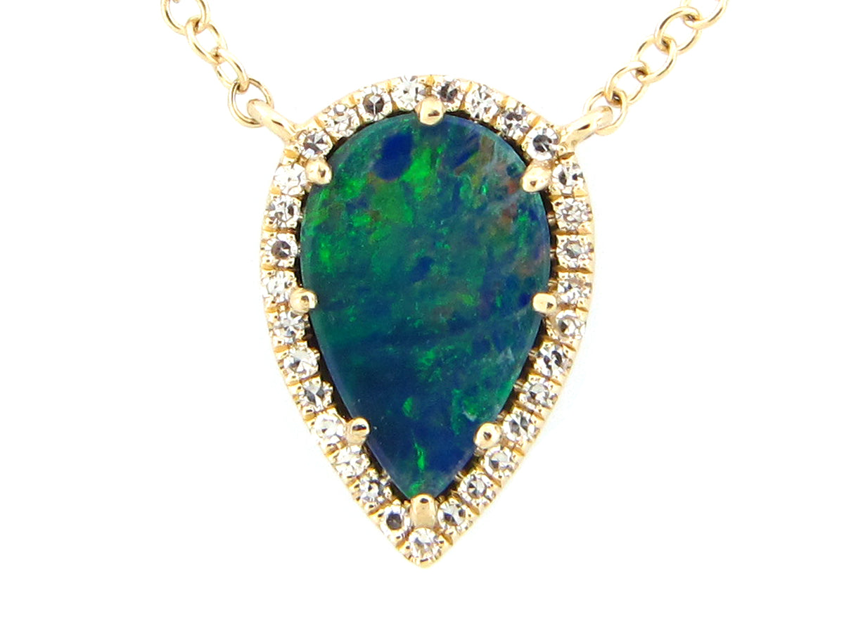 BLACK OPAL DOUBLET & DIAMOND PEAR PENDANT NECKLACE