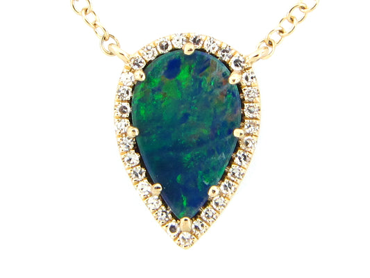 BLACK OPAL DOUBLET & DIAMOND PEAR PENDANT NECKLACE