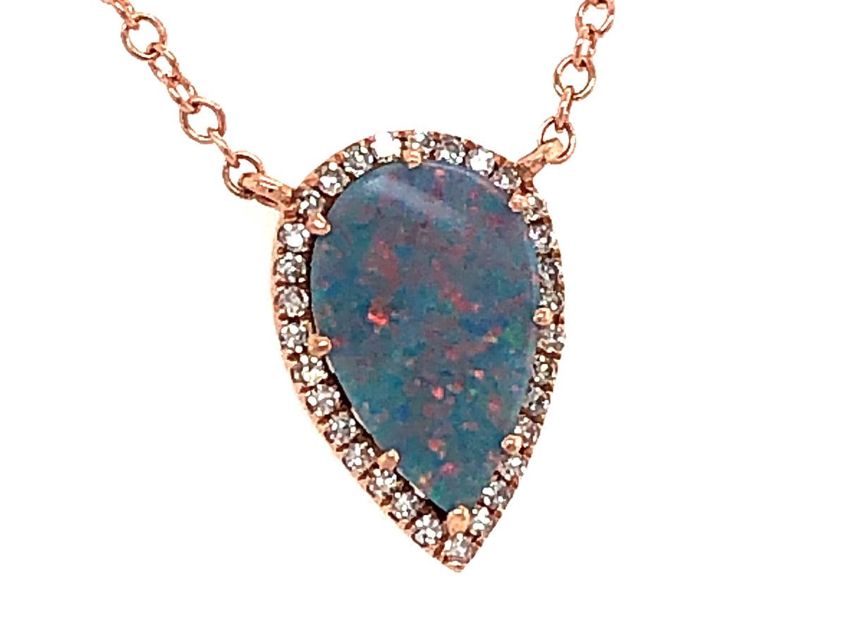 BLACK OPAL DOUBLET & DIAMOND PEAR PENDANT NECKLACE