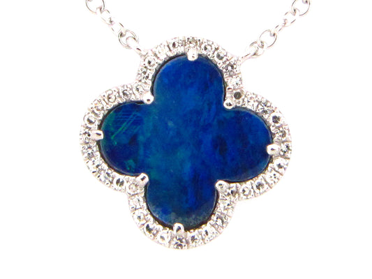 BLACK OPAL DOUBLET & DIAMOND CLOVER PENDANT NECKLACE
