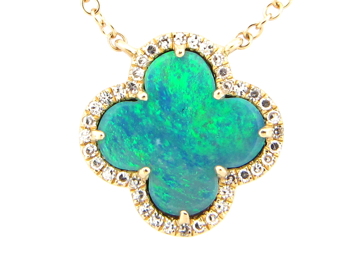 BLACK OPAL DOUBLET & DIAMOND CLOVER PENDANT NECKLACE