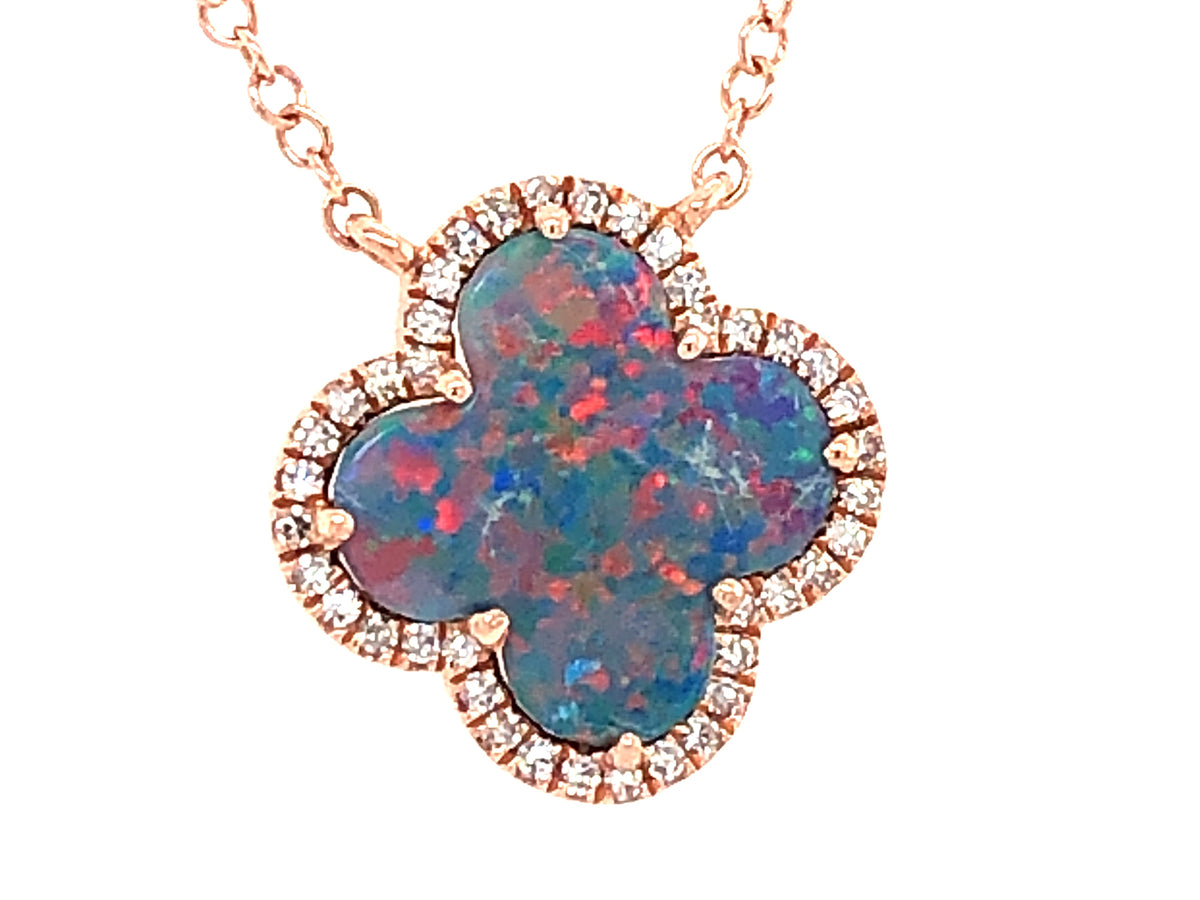 BLACK OPAL DOUBLET & DIAMOND CLOVER PENDANT NECKLACE