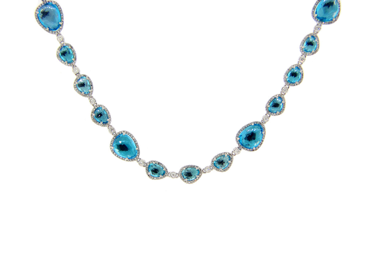 SWISS BLUE TOPAZ & DIAMOND NECKLACE, 16" PLUS 2' EXTENSION, 14KW (H)