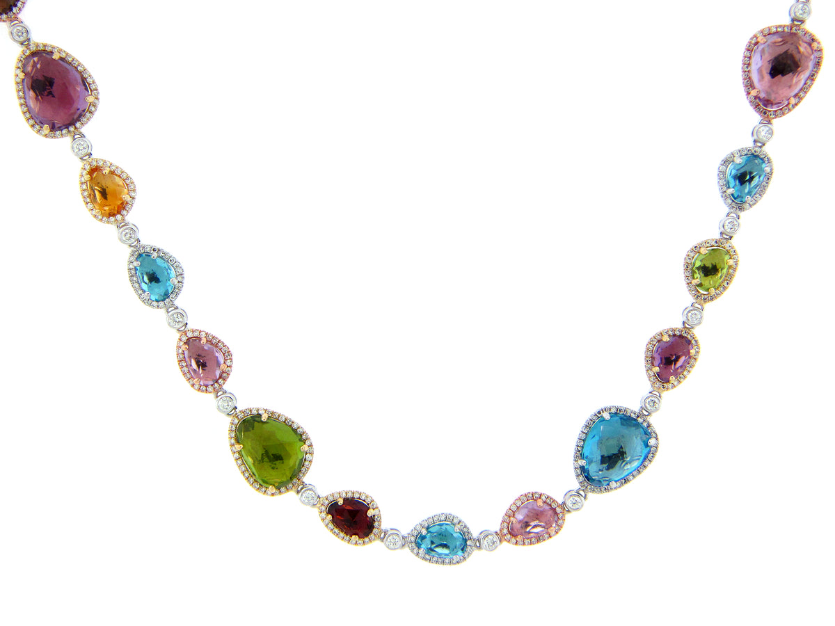 MIXED GEMSTONE & DIAMOND NECKLACE, 14K (N/H/R)