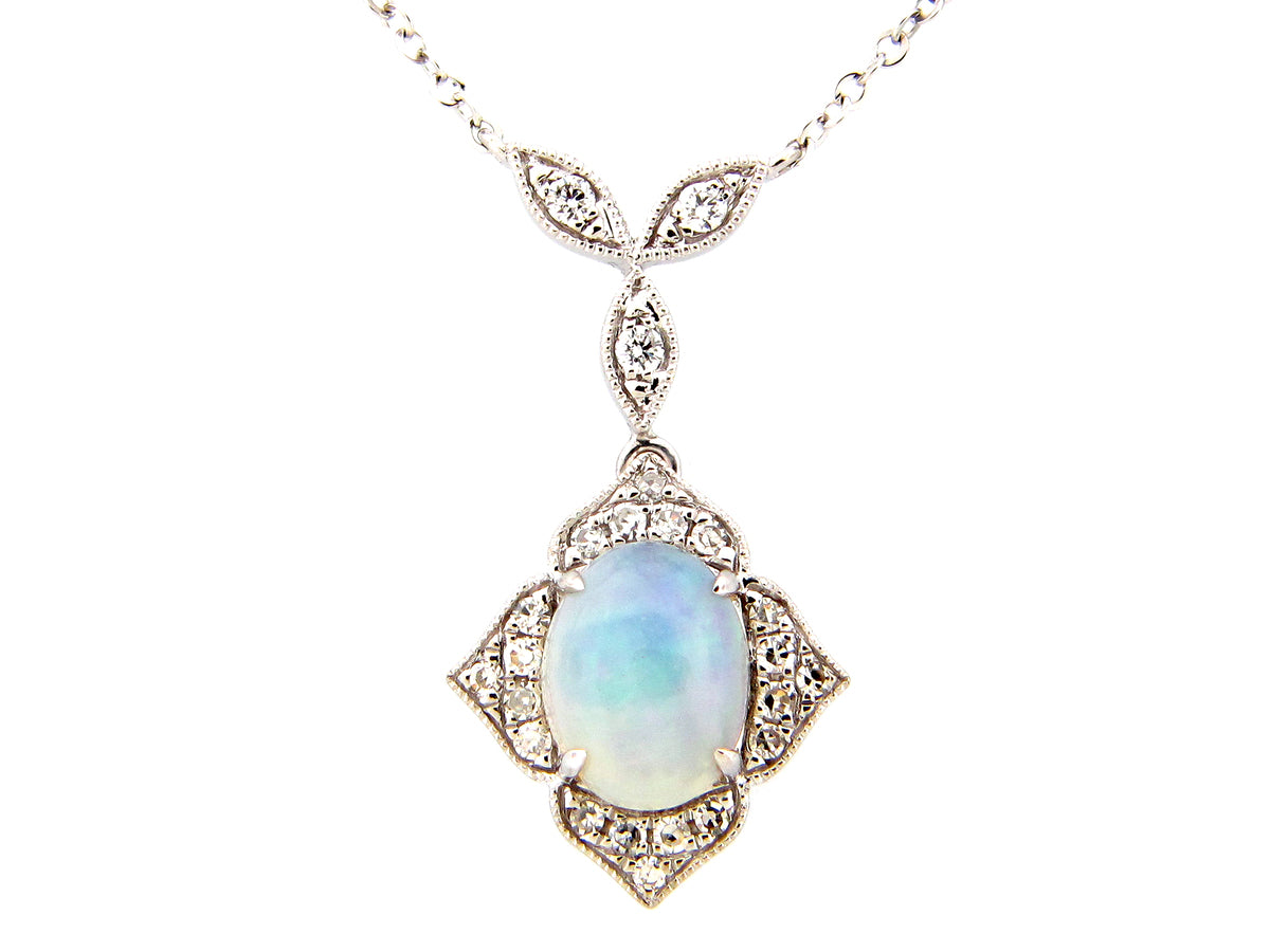 OPAL OVAL & DIAMOND HALO ART DECO NECKLACE
