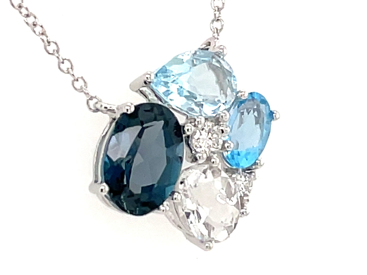 BLUE TOPAZ CLUSTER & DIAMOND NECKLACE, 18"/17"/16"