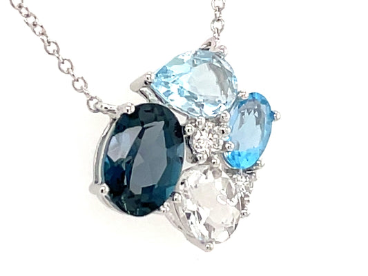 BLUE TOPAZ CLUSTER & DIAMOND NECKLACE, 18"/17"/16"