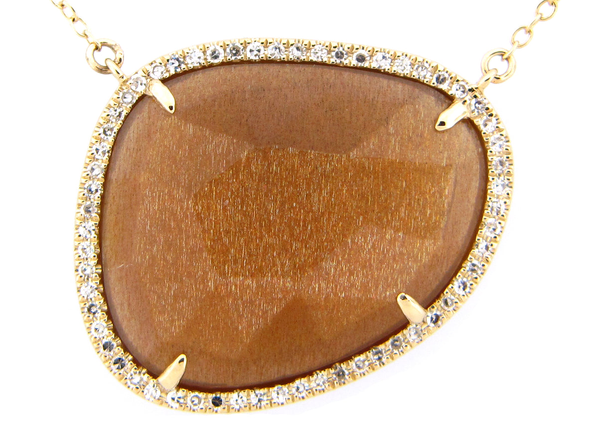 ROSE CUT GOLDEN MOONSTONE & DIAMOND PENDANT NECKLACE, 18"/17"/16",  14KY (N)