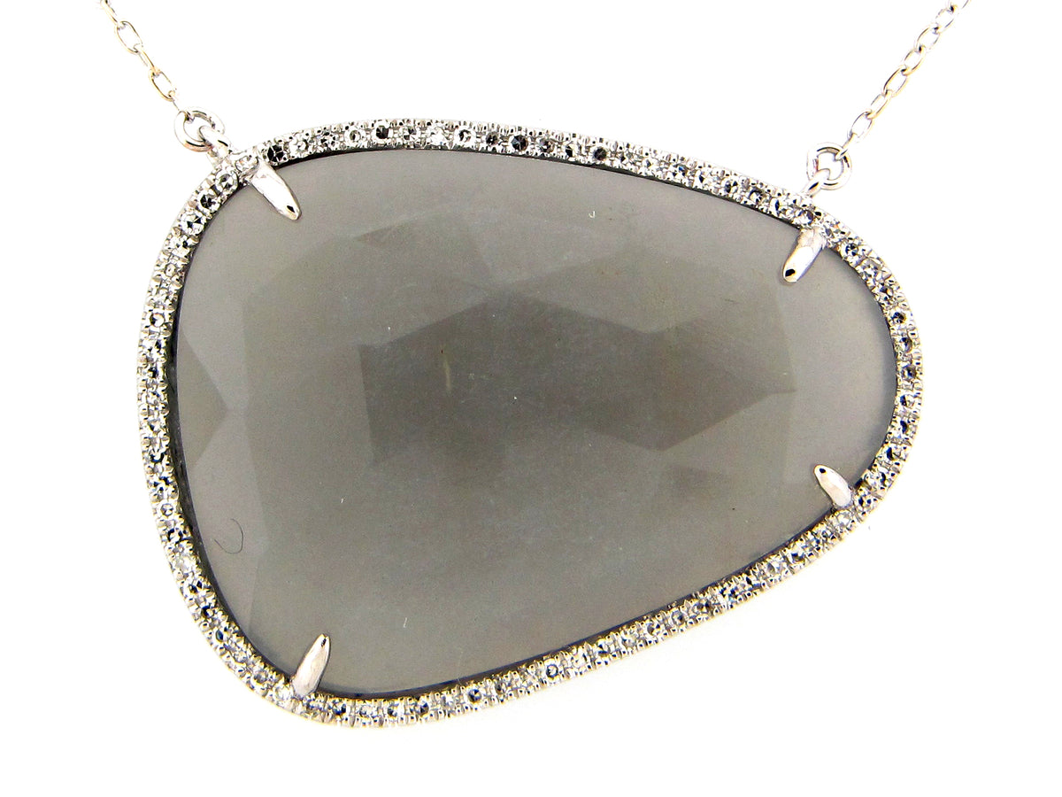 ROSE CUT GREY MOONSTONE & DIAMOND PENDANT NECKLACE, 18"/17"/16", 14KW (N)