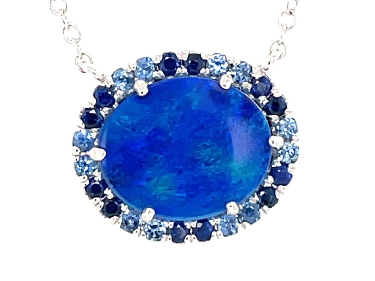 BLACK OPAL DOUBLET & SAPPHIRE PENDANT NECKLACE, 18",16"