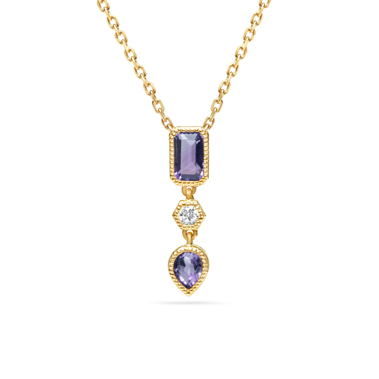 Amethyst & Diamond 3 Stone Necklace