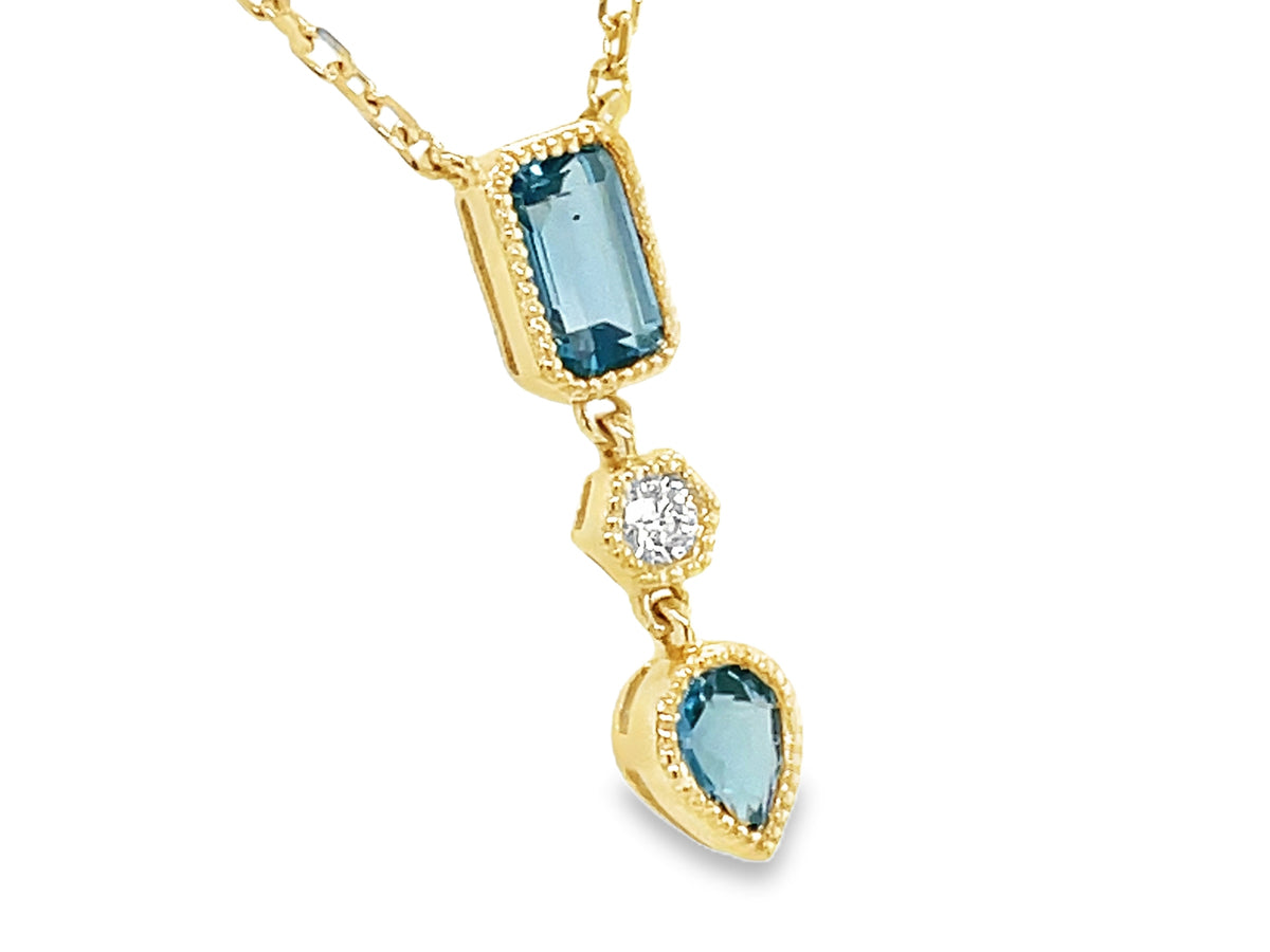 BLUE TOPAZ & DIAMOND ALTERNATING 3 STONE PENDANT NECKLACE