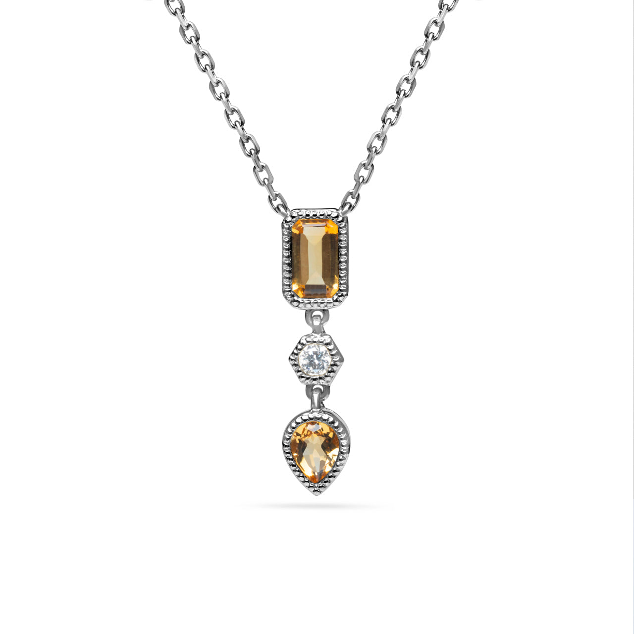 Citrine & Diamond 3 Stone Necklace