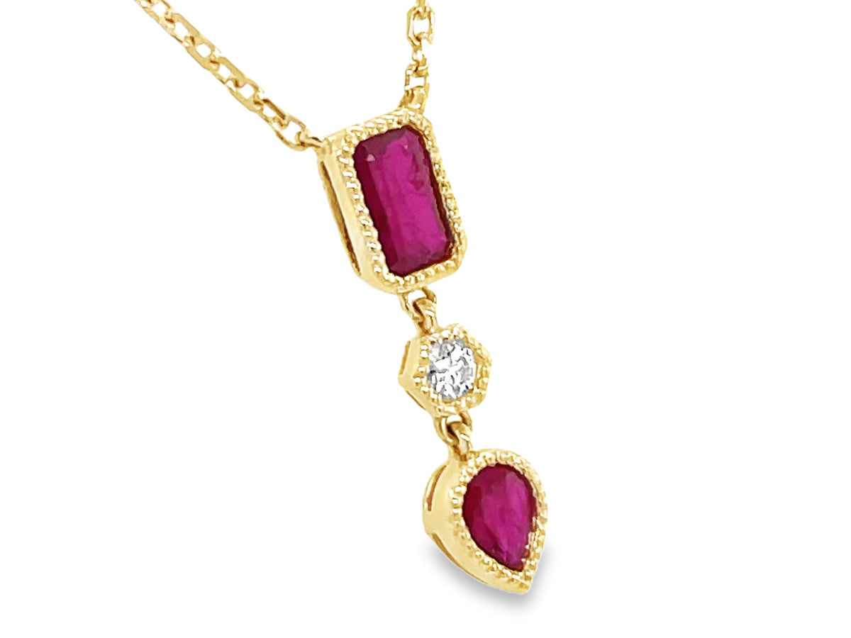 RUBY & DIAMOND ALTERNATING 3 STONE PENDANT NECKLACE, 18"/17"/16"