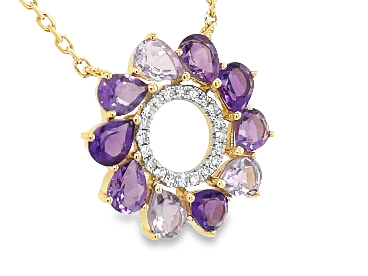 AMETHYST & DIAMOND CIRCLE PENDANT NECKLACE, 18"/17"/16"