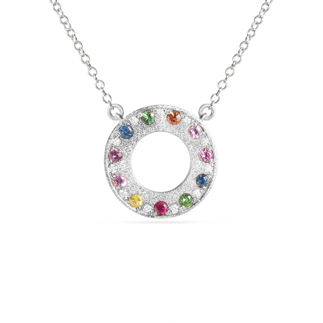 Rainbow Sapphire & Diamond Alternating Flush Circle Necklace