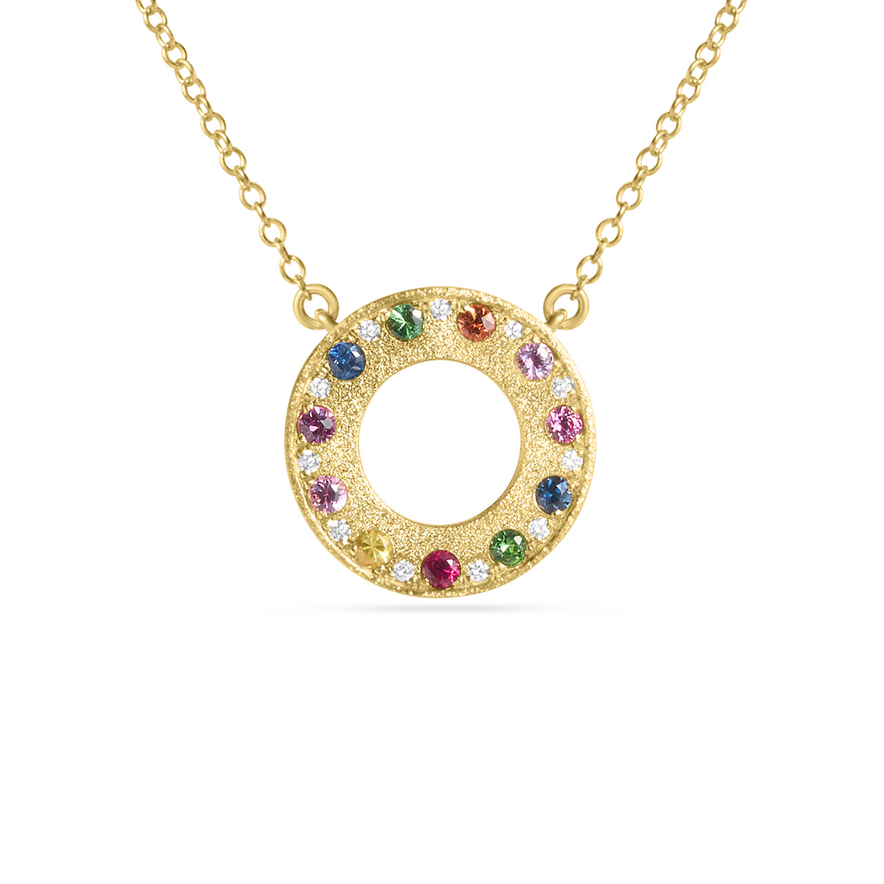 Rainbow Sapphire & Diamond Alternating Flush Circle Necklace