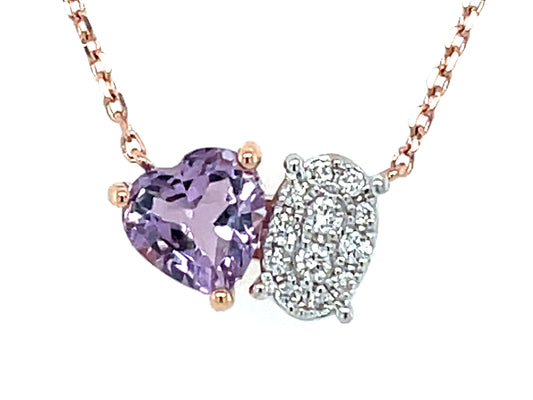 AMETHYST HEART & DIAMOND PAVE CUSHION TOI ET MOI PENDANT NECKLACE, 18"/17"/16"