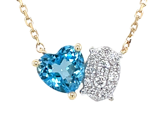 BLUE TOPAZ HEART & DIAMOND PAVE CUSHION TOI ET MOI PENDANT NECKLACE, 18"/17"/16"