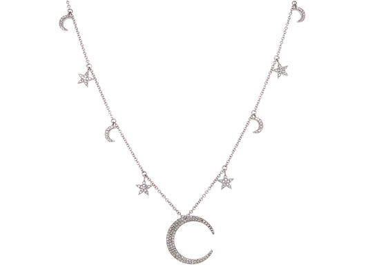 DIAMOND CRESCENT MOON AND STARS 16" NECKLACE