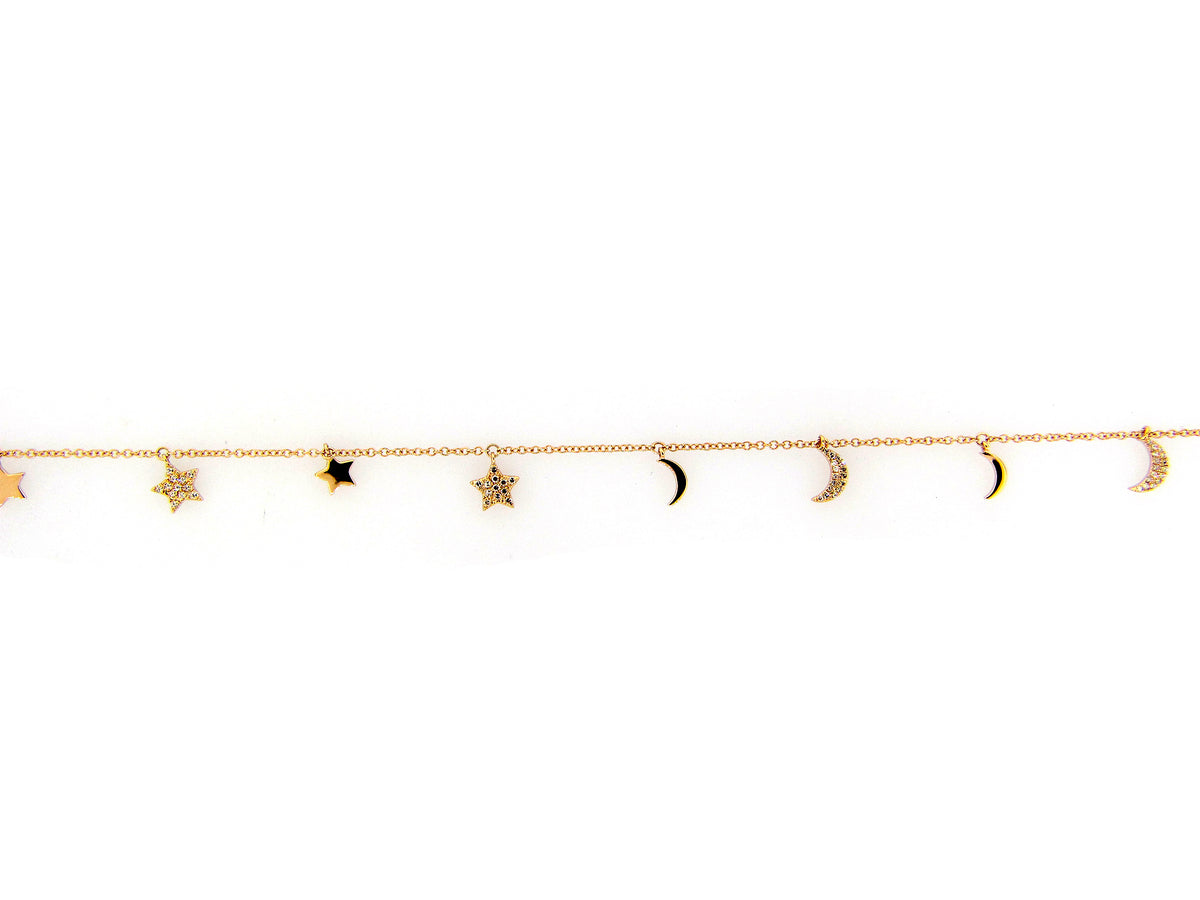 DIAMOND STARS & CRESCENT MOONS CHARM NECKLACE, 34"/33"/32", 14KY (N)