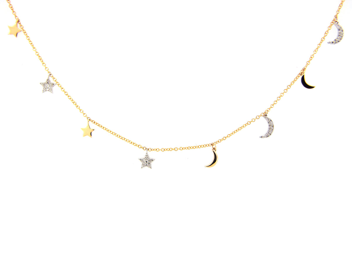 DIAMOND STARS & CRESCENT MOONS CHARM NECKLACE, 20"/19"/18", 14KWY (N)