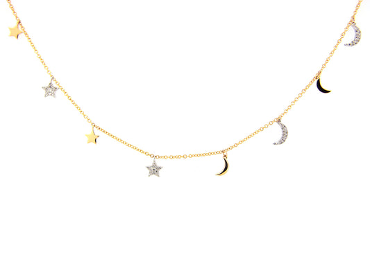 DIAMOND STARS & CRESCENT MOONS CHARM NECKLACE, 20"/19"/18", 14KWY (N)