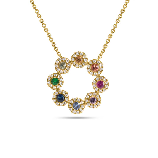 Rainbow Sapphire & Diamond Circles Halo Necklace