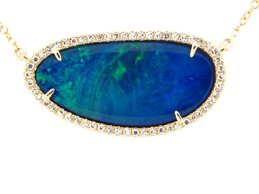 BLACK OPAL DOUBLET & DIAMOND PENDANT NECKLACE, 18"/17"/16", 14KY (ASBL)