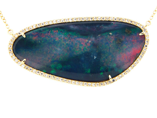 BLACK OPAL DOUBLET & DIAMOND PENDANT NECKLACE, 18"/17"/16", 14KY (ASBL)