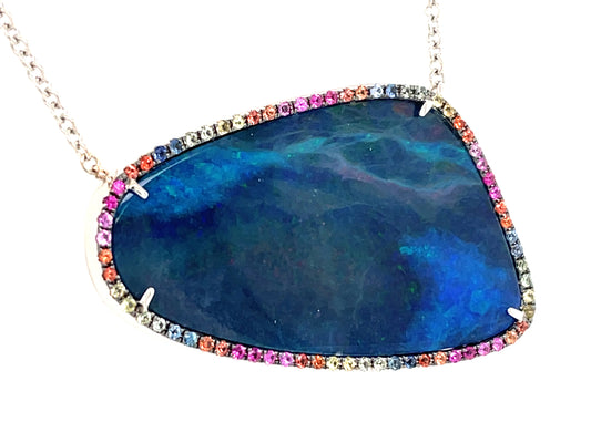 BLACK OPAL DOUBLET & RAINBOW SAPPHIRE PENDANT NECKLACE, 18"/17"/16"