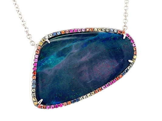BLACK OPAL DOUBLET, ORANGE SAPPHIRE, & RUBY PENDANT NECKLACE, 18"/17"/16"