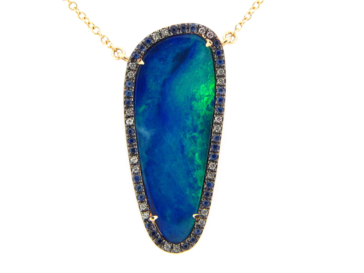 BLACK OPAL DOUBLET, BLUE & GREEN SAPPH PENDANT NECKLACE, 18"/17"/16",14KY(ASBL/H)