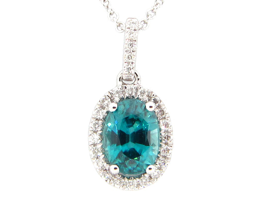 BLUE ZIRCON & DIAMOND PENDANT, 14KW (H)
