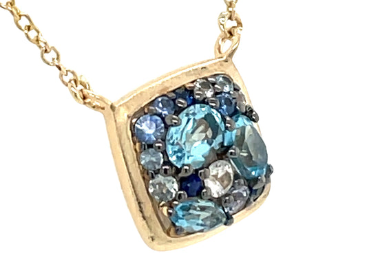 BLUE SAPPHIRE & BLUE TOPAZ CUSHION CLUSTER PENDANT, SATIN FINISH