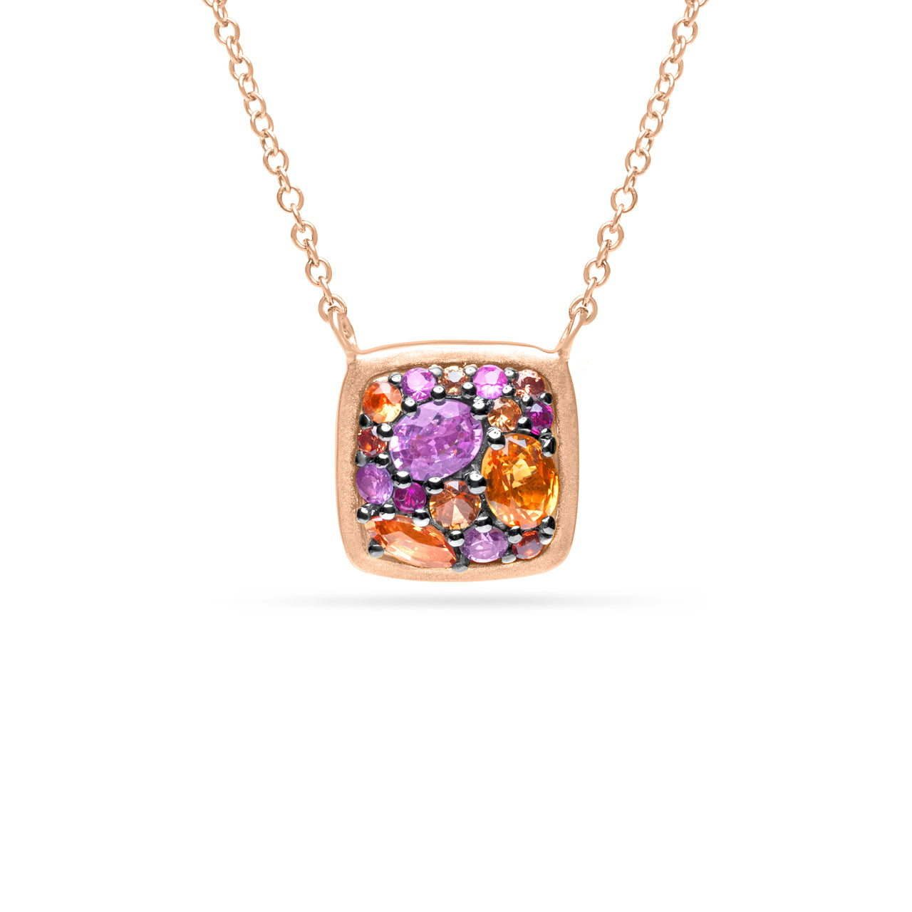Pink & Orange Sapphire Cluster Cushion Necklace