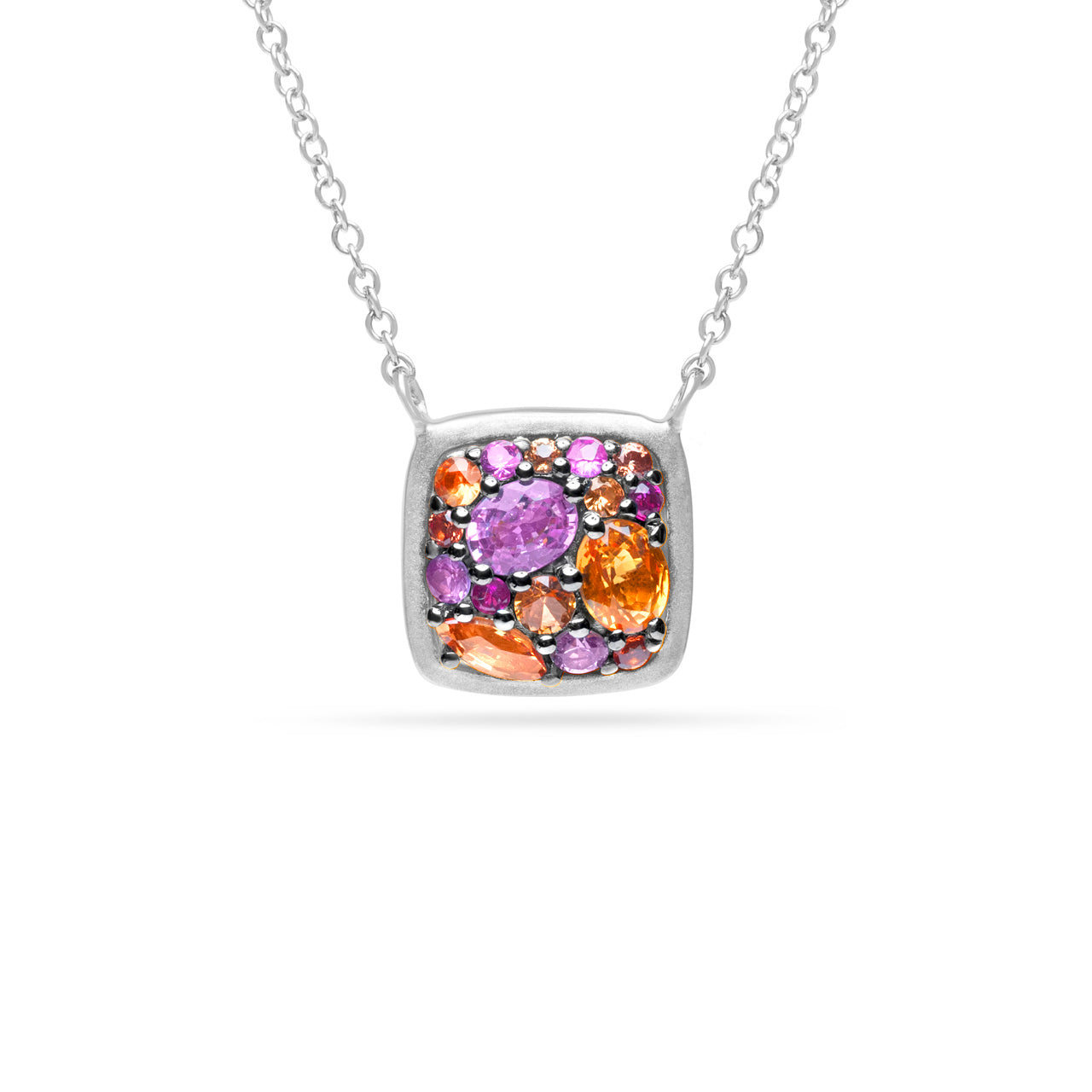 Pink & Orange Sapphire Cluster Cushion Necklace