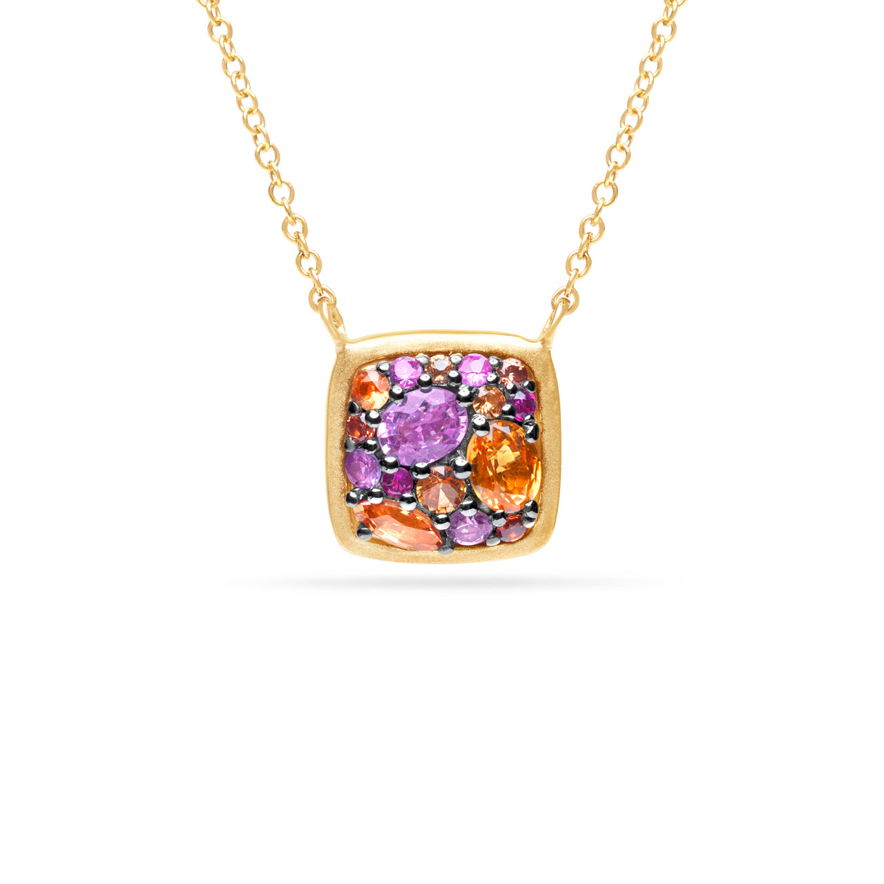 Pink & Orange Sapphire Cluster Cushion Necklace