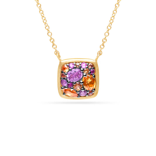 Pink & Orange Sapphire Cluster Cushion Necklace