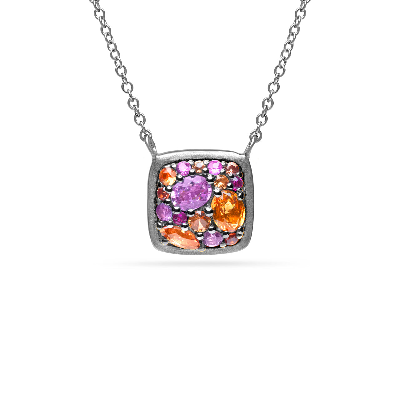 Pink & Orange Sapphire Cluster Cushion Necklace