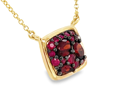 RUBY & GARNET CUSHION CLUSTER PENDANT, SATIN FINISH