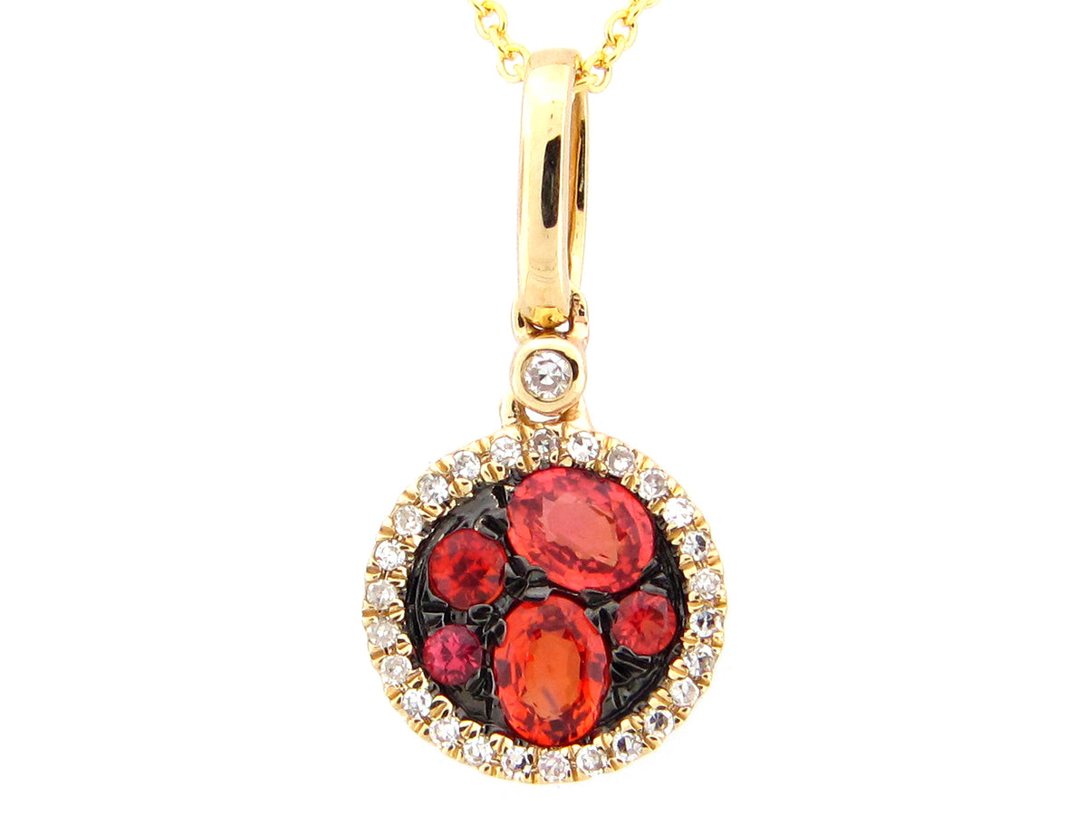ORANGE SAPPHIRE & DIAMOND ROUND PENDANT, 14KY (U)
