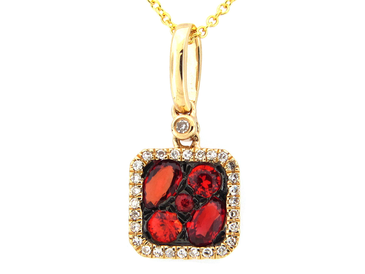ORANGE SAPPHIRE & DIAMOND CUSHION PENDANT, 14KY (U/N)