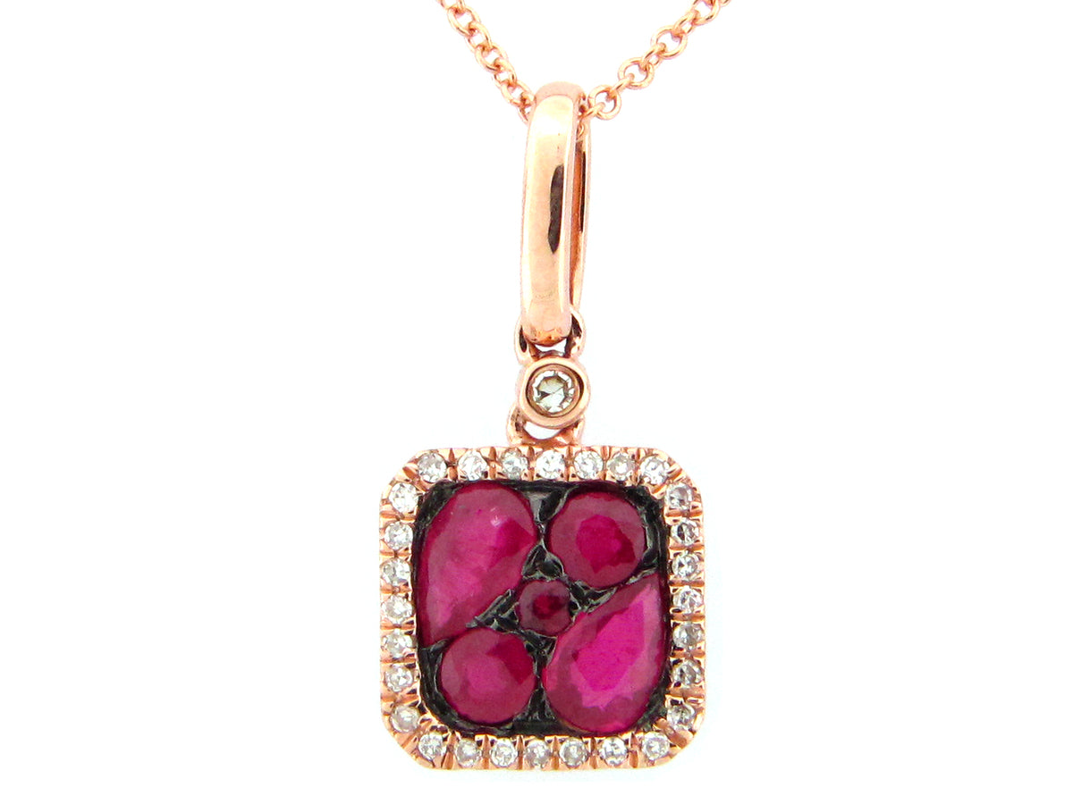 RUBY & DIAMOND CUSHION PENDANT, 14KR (H)