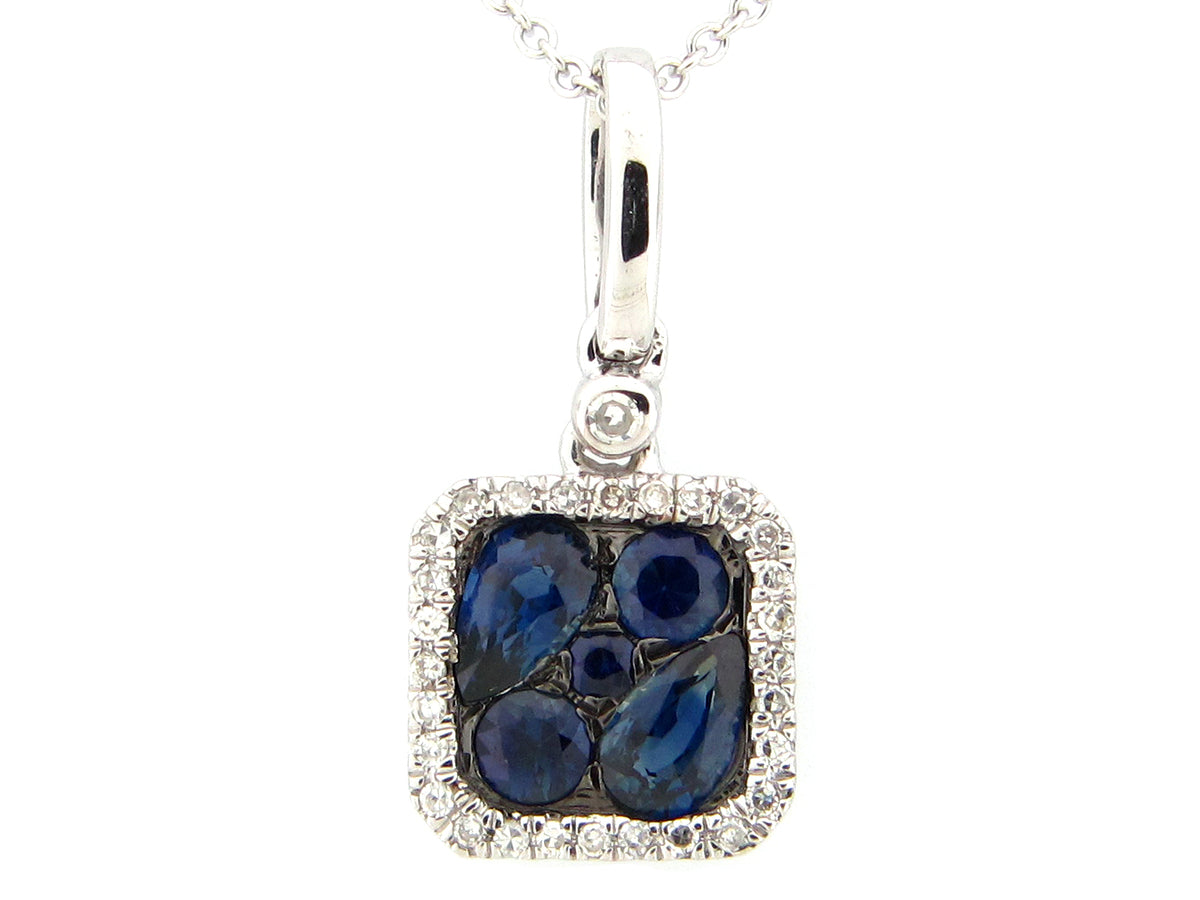 SAPPHIRE & DIAMOND CUSHION PENDANT, 14KW (H)